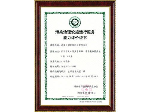 污染治理設(shè)施運(yùn)行服務(wù)能力評(píng)價(jià)證書(shū)